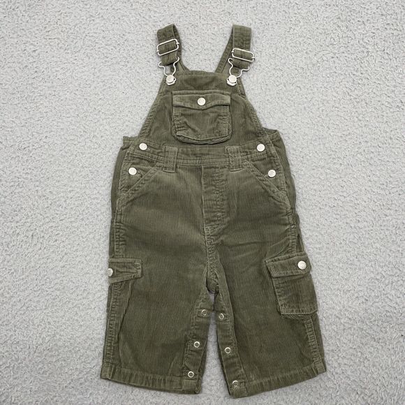 Old Navy Corduroy Bibs Baby 6/12 month Green Cargo Overalls Pockets Pants Unisex - Picture 1 of 11